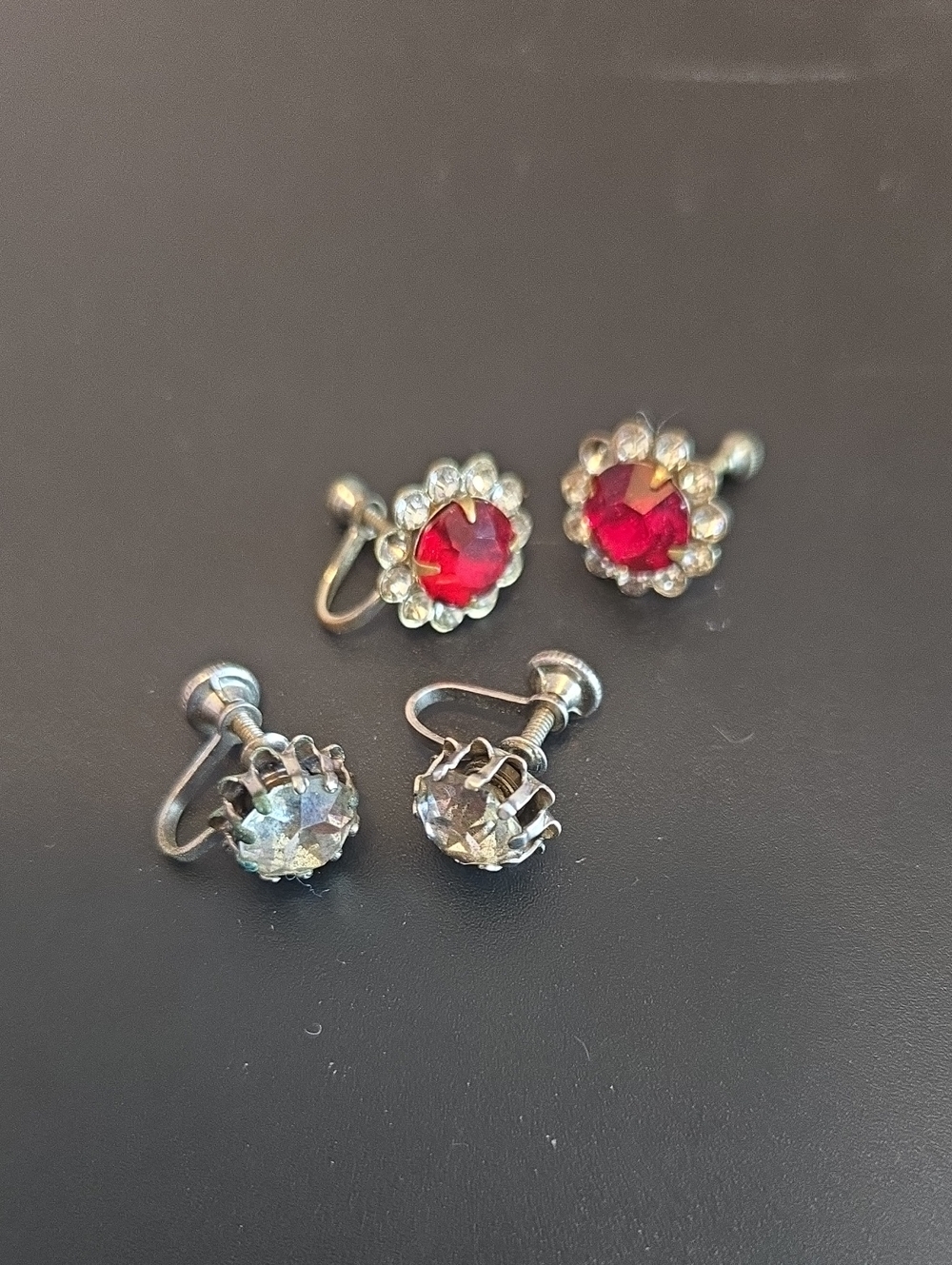 Silver Tone Red and Diamond like Screw Back Earring Set